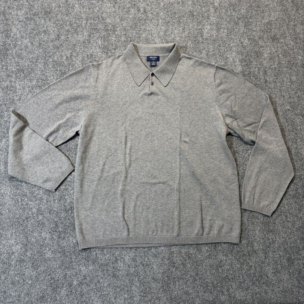 Brooks Sport Mens XXL Gray 100% Cotton Long Sleeve Polo Sweater Made Hong Kong